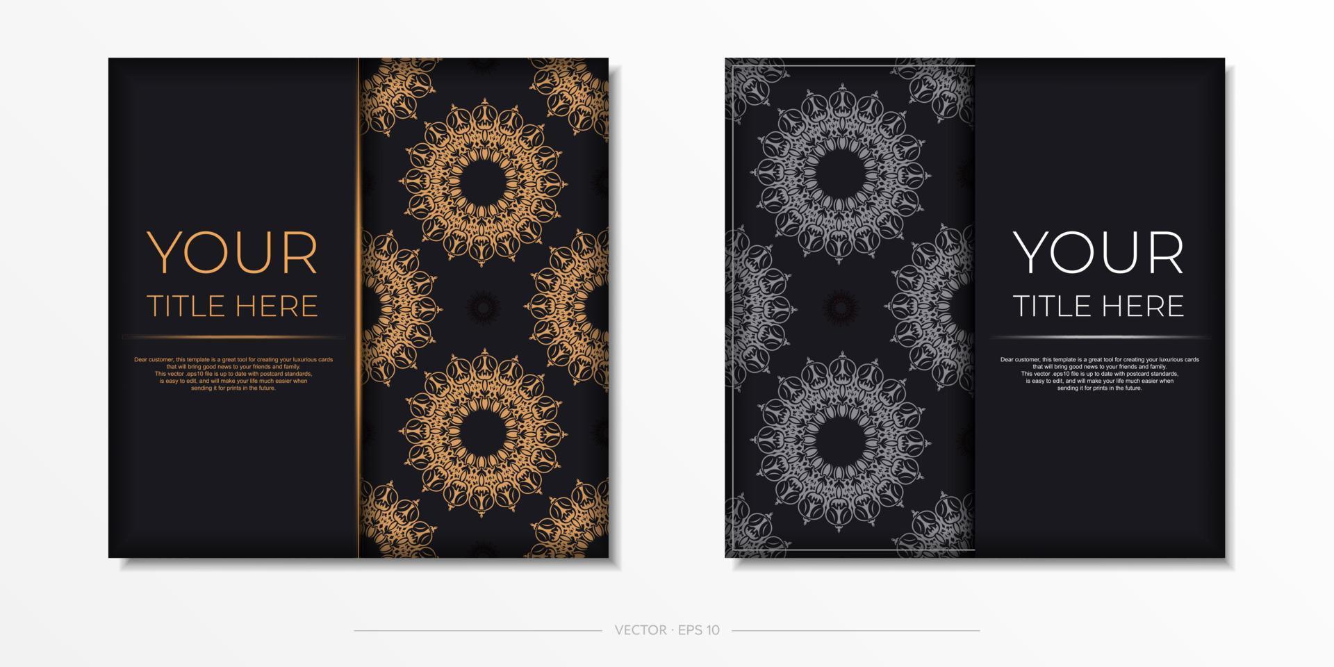 Square Vector Template Postcard Black Color with Luxurious Ornaments. Print-ready invitation design with vintage ornaments.