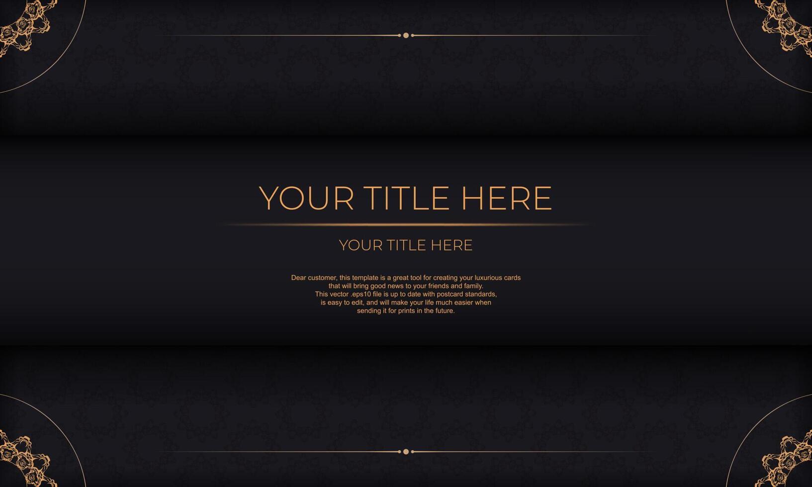 Black banner template with luxury gold ornaments and place for your text. Print-ready invitation design with vintage ornaments. vector