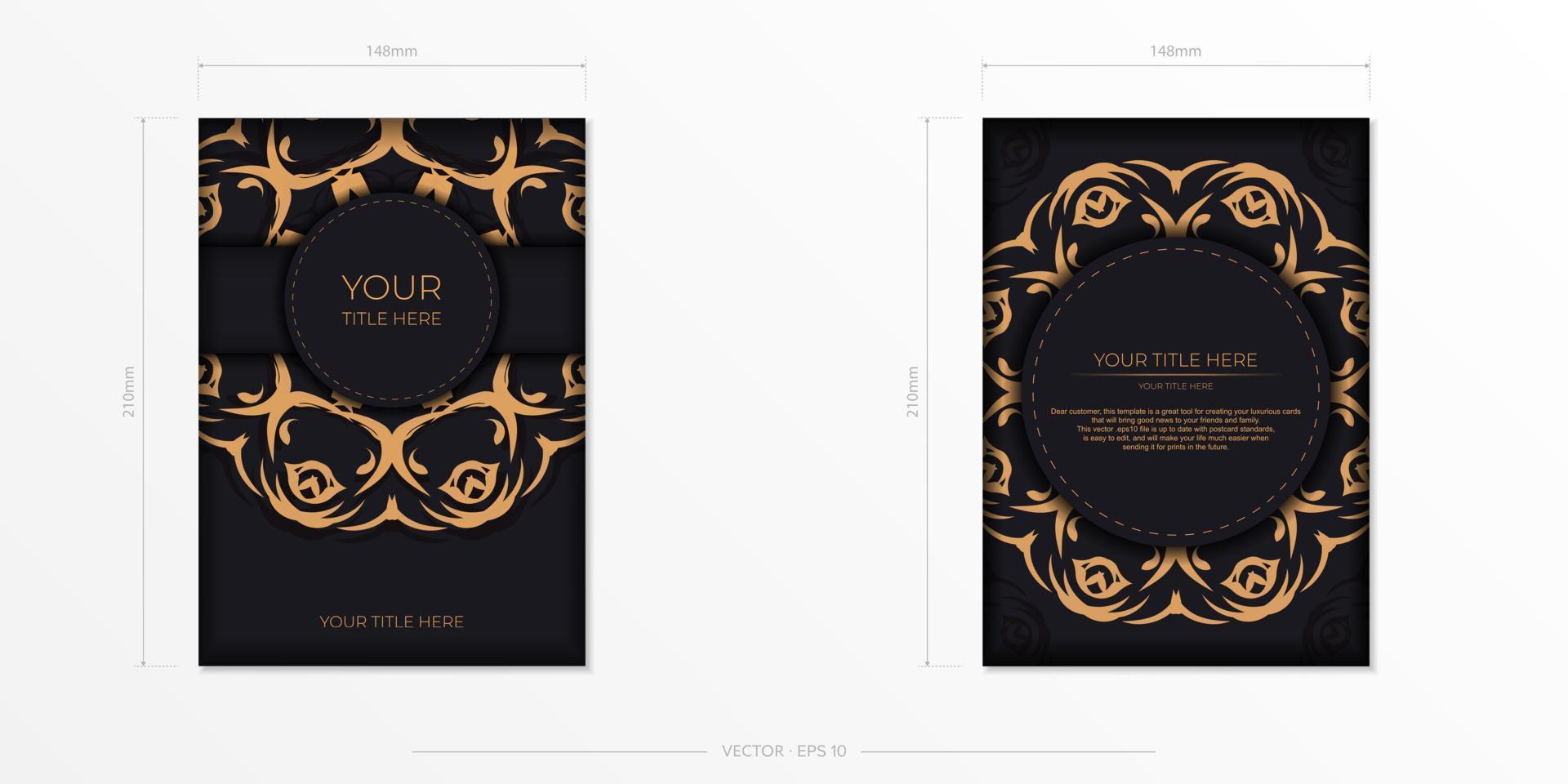 Rectangular Dark color postcard template with abstract ornament. Print-ready invitation design with vintage patterns. vector