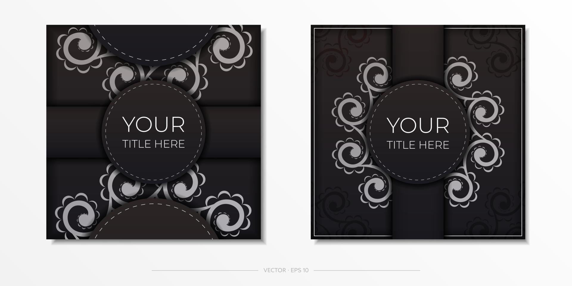 Square Postcard template in black with Indian patterns. Vector Print-ready invitation design with mandala ornament.