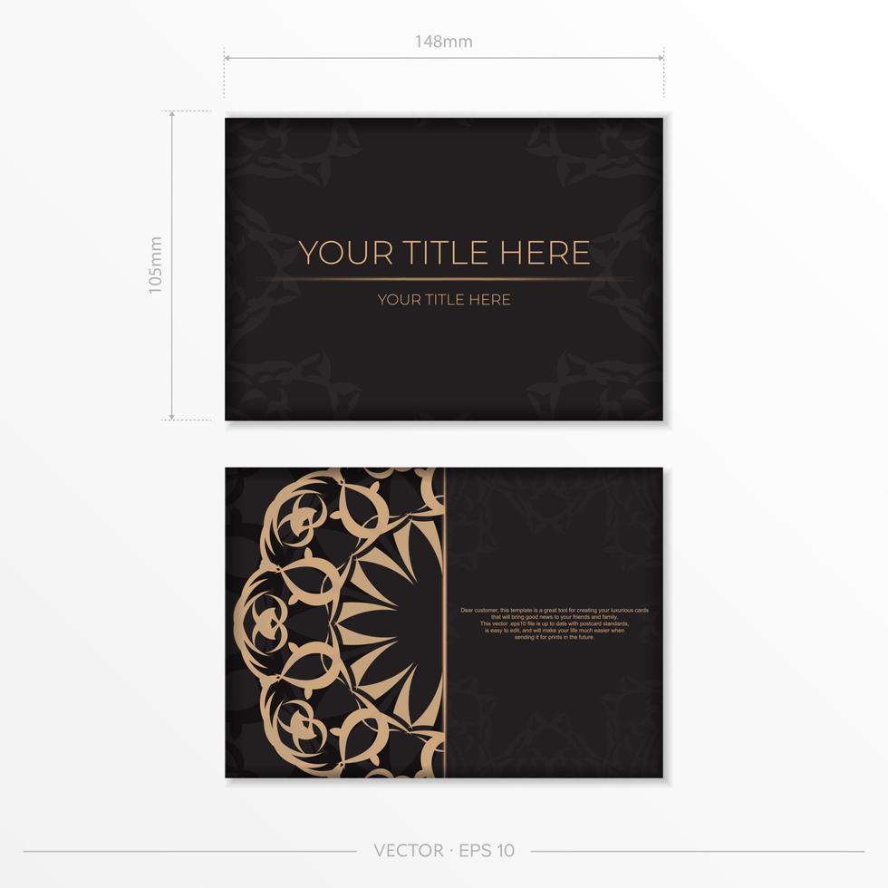 Rectangular postcard design in black with luxurious patterns. Stylish invitation with vintage ornament. vector