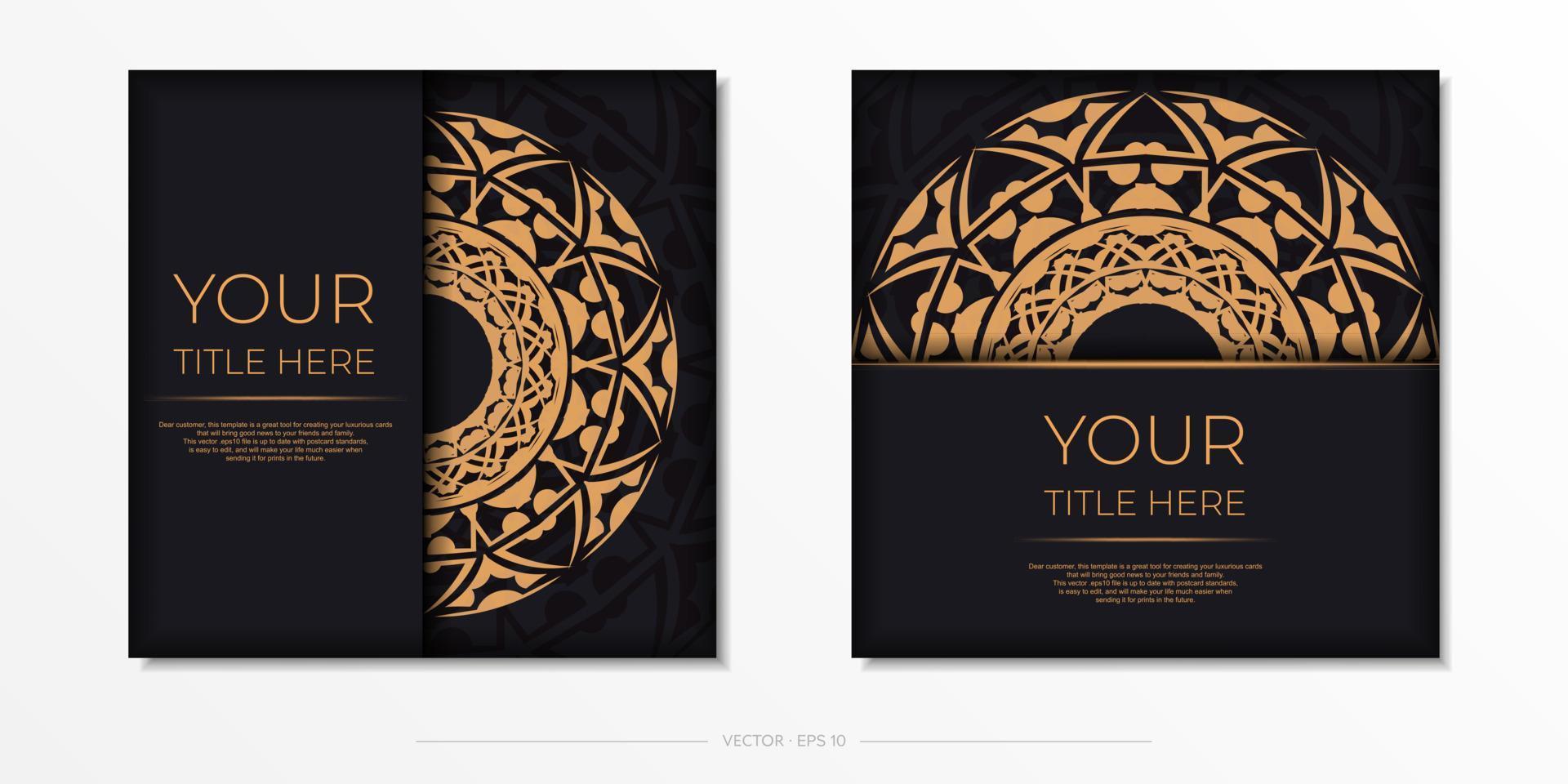 Preparing an invitation with a place for your text and abstract patterns. Vector Template for print design postcards black color with orange patterns.