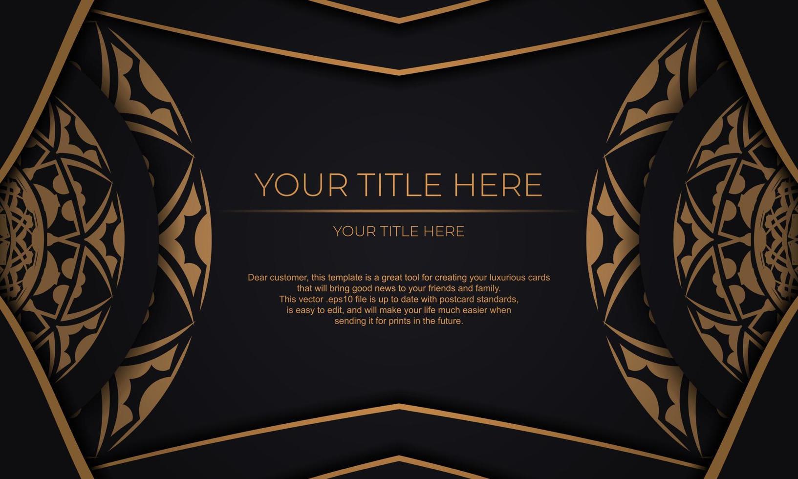 Black vector banner with luxury orange ornaments and place for your text and logo. Template for postcard print design with Greek patterns.