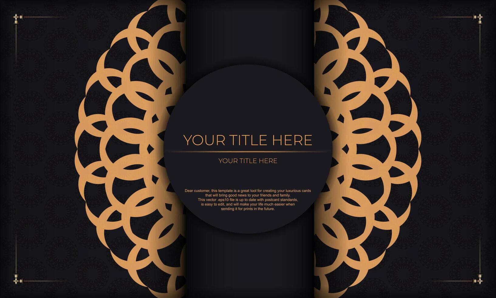 Template for a printable design of an invitation card with a luxurious ornament. Black background with greek luxury vintage ornaments and place for your design. vector