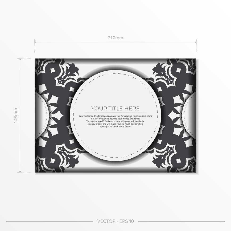 Stylish vector postcard design in white color with luxurious greek patterns. Stylish invitation card with vintage ornament.