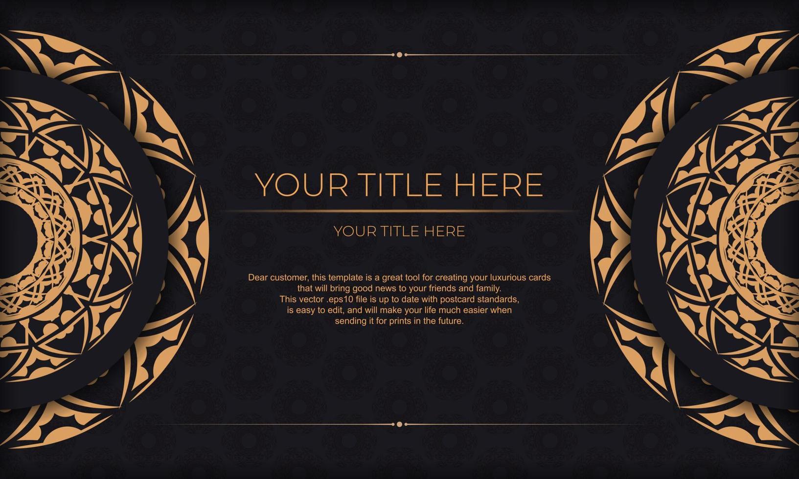 Black vector banner with luxury orange ornaments and place for your logo and text. Template for postcard print design with Greek ornaments.