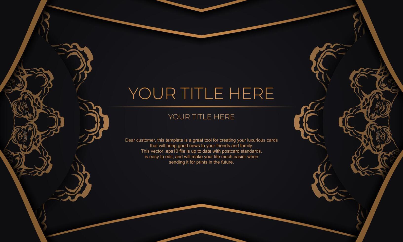 Black vector banner with luxury gold ornaments and place for your text. Template for design printable invitation card with vintage patterns.