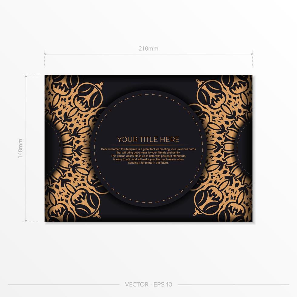 Rectangular Vector Template Postcard Black Color with Luxurious Ornaments. Print-ready invitation design with vintage ornaments.