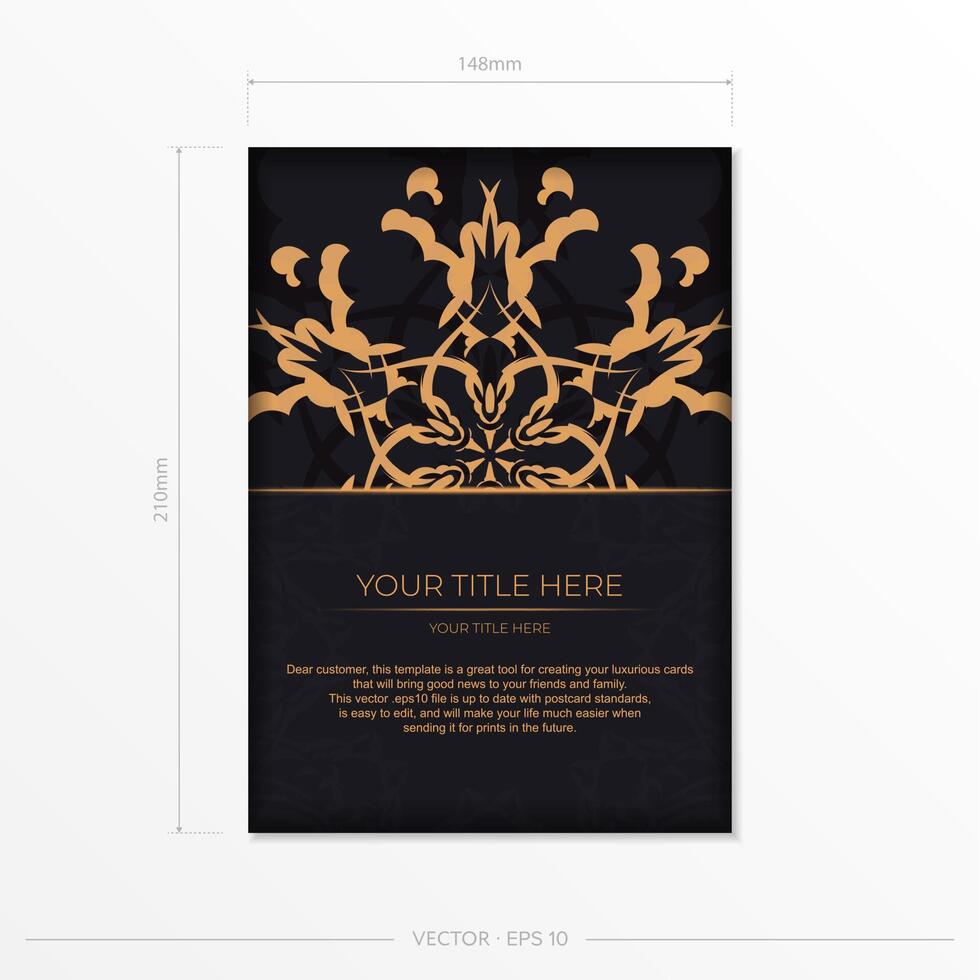 Stylish Postcard template in black with Indian patterns. Vector Print-ready invitation design with mandala ornament.