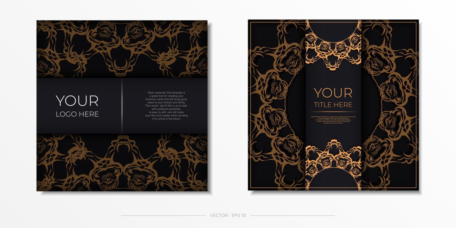 Square postcards in black with luxurious gold ornaments. Vector design of invitation card with vintage patterns.