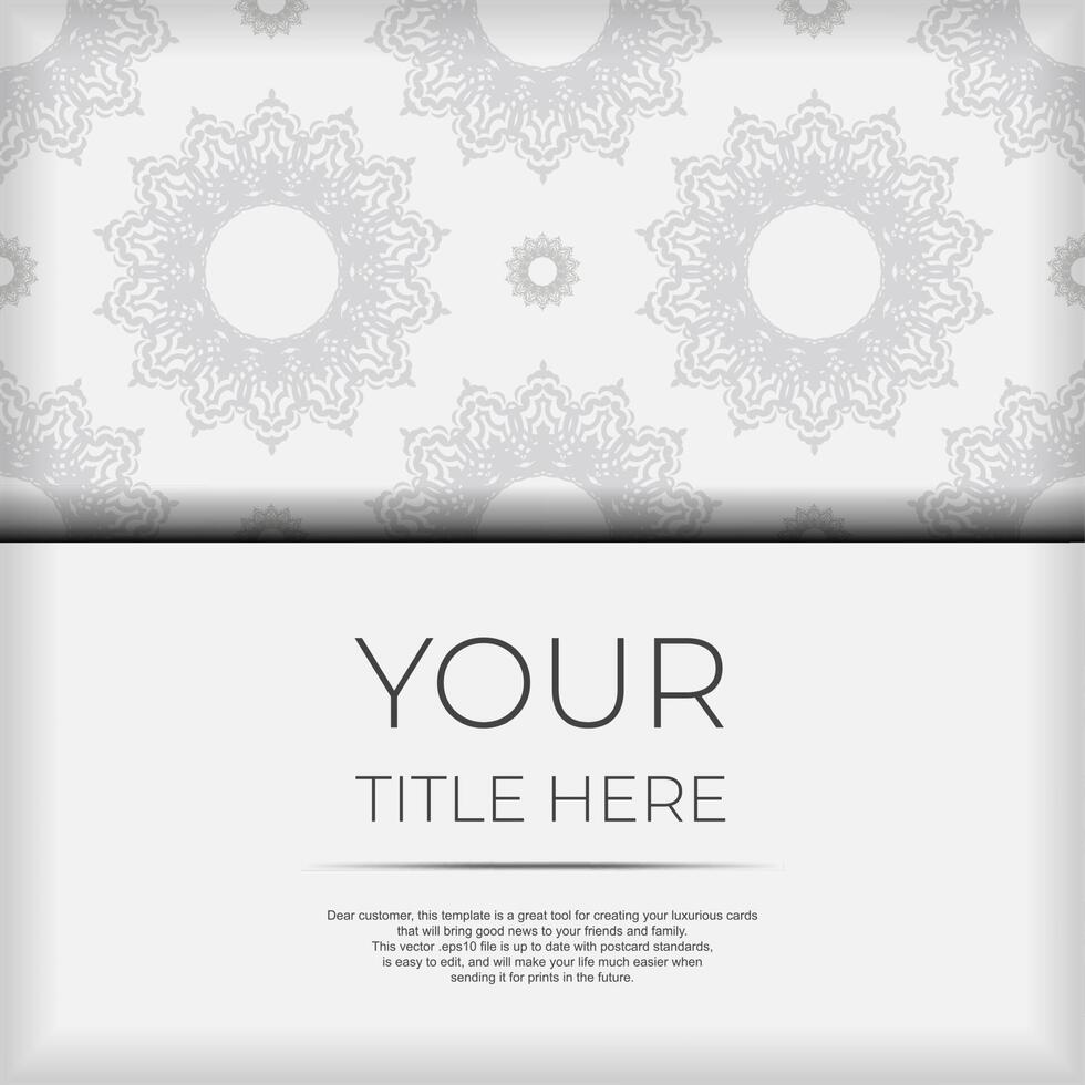 White postcard template with black patterns. Print-ready invitation design with mandala ornament. vector