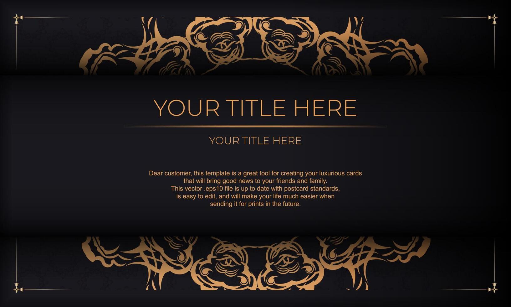 Black background with luxury golden vintage ornaments and place for your design. Template for print design invitation card with vintage ornament. vector