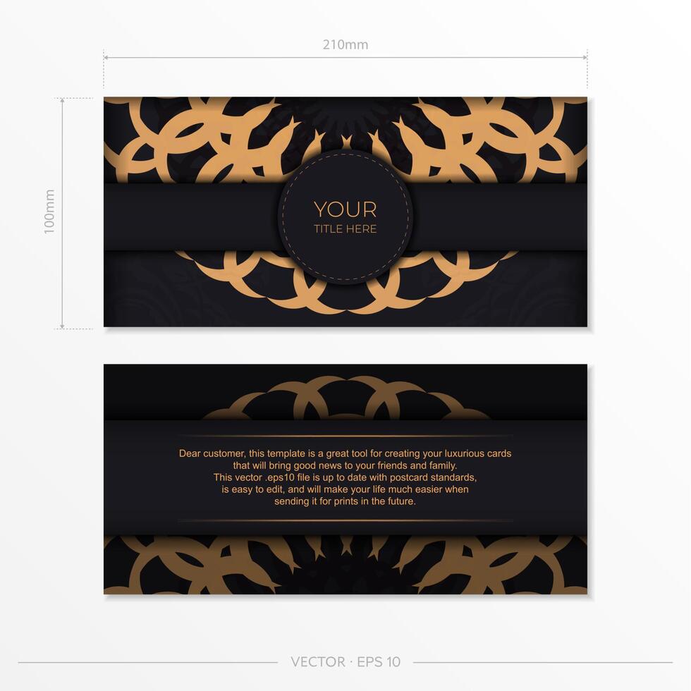 Stylish Ready-to-print postcard design in black with luxurious Greek patterns. Vector Invitation card template with vintage ornament.