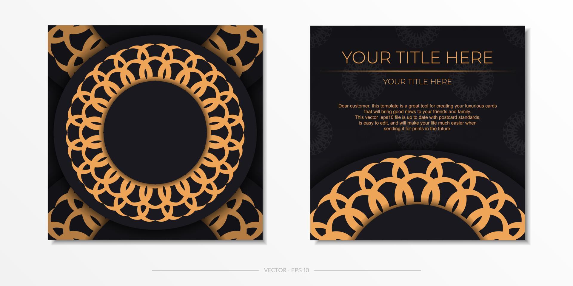 Stylish Ready-to-print postcard design in black with luxurious Greek ornaments. Invitation card template with vintage patterns. vector