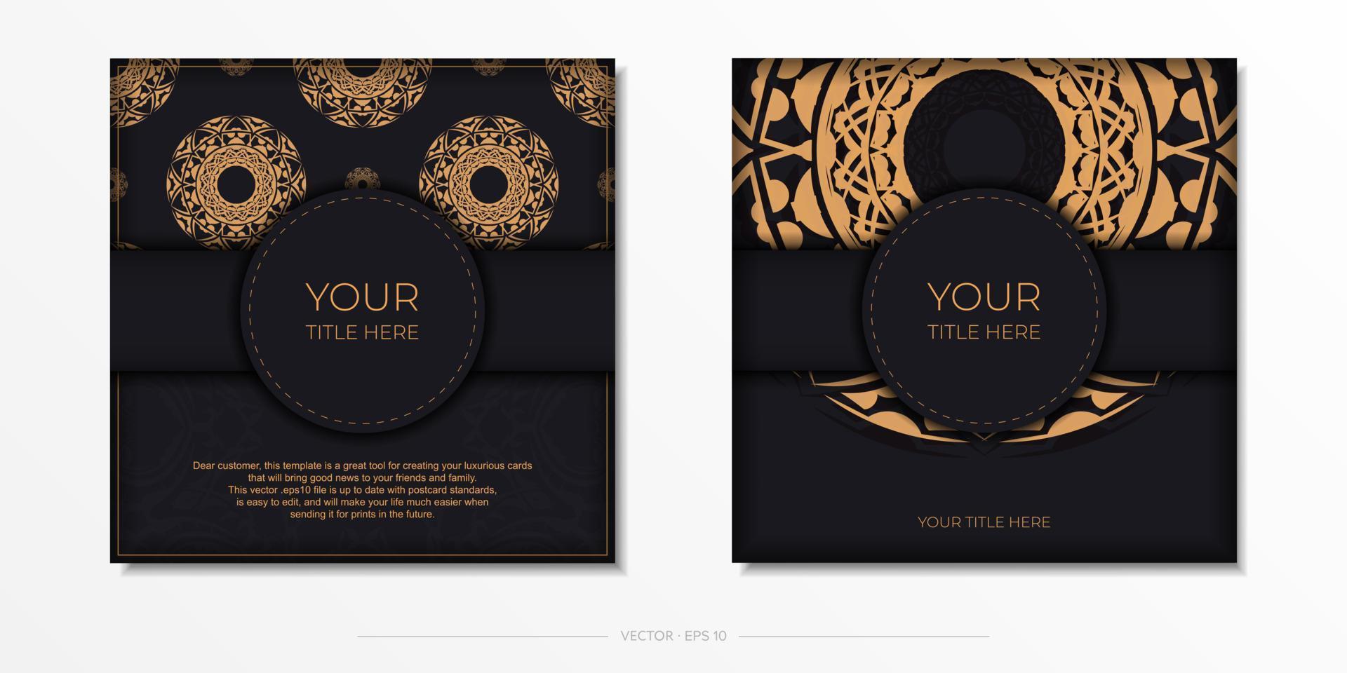 Invitation card template with place for your text and abstract ornament. Vector design of postcard in black color with orange ornament.
