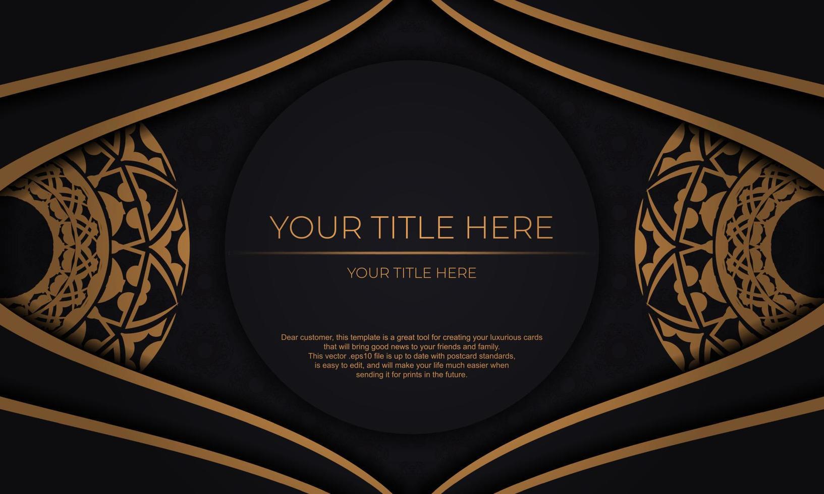 Black vector background with luxury orange ornaments and place for your logo. Postcard design with Greek ornaments.