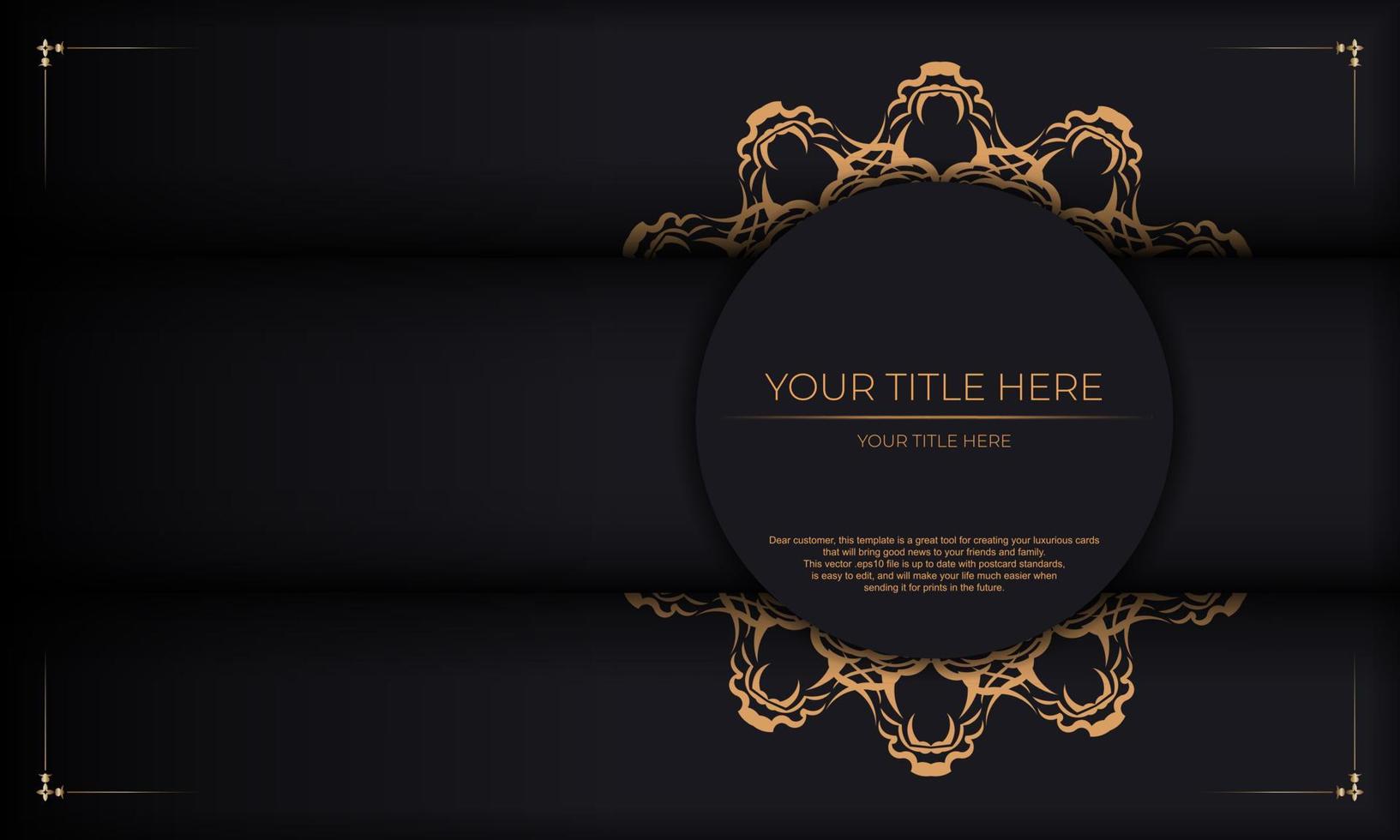 Black banner with luxury gold ornaments and place for your text. Invitation card design with vintage patterns. vector