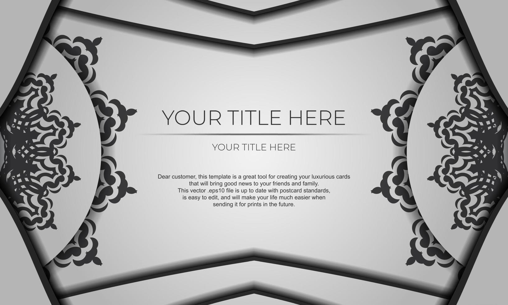 banner vectorial blanco con adornos negros y lugar para el texto. plantilla para diseño de tarjeta de invitación imprimible con patrones de mandala. vector