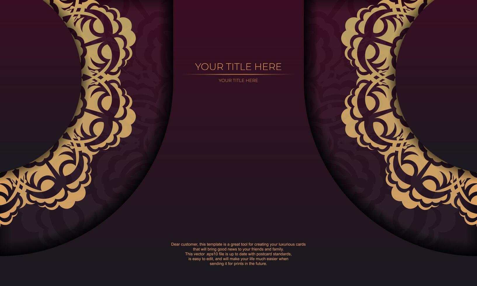 Burgundy banner template with vintage ornaments and place for your design. Invitation card design with mandala patterns. vector