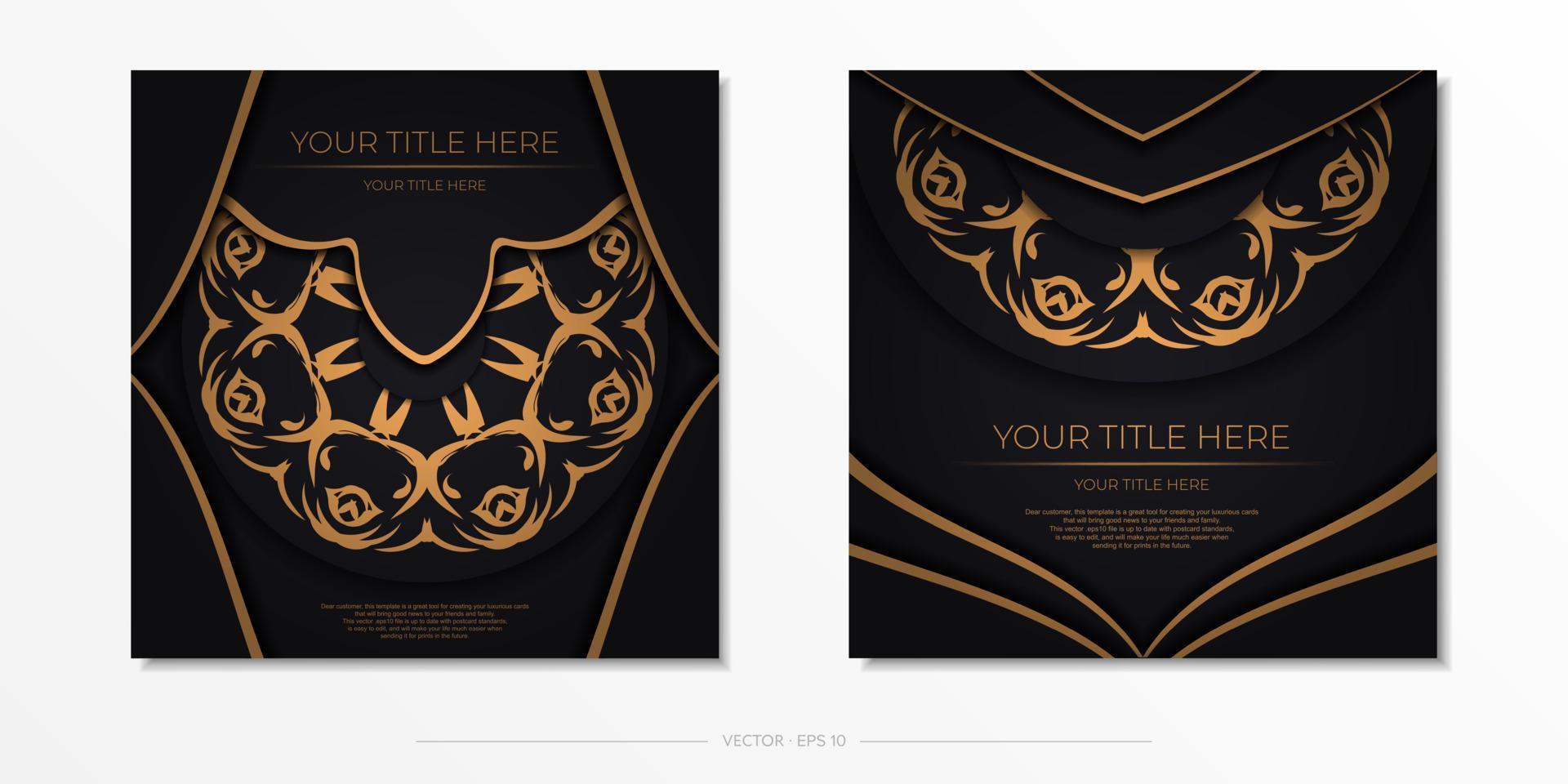 Square postcard in dark color with abstract ornament. Invitation card design with vintage patterns. vector
