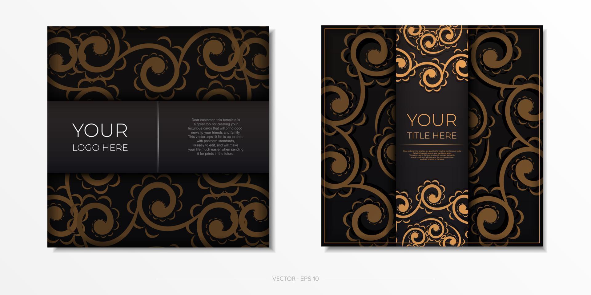 Square postcards in black with Indian ornaments. Vector design of invitation card with mandala patterns.