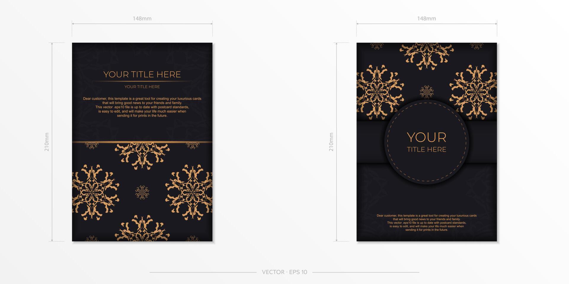 Set of Preparing postcards in black with Indian patterns. Vector Template for print design of invitation card with mandala ornament.