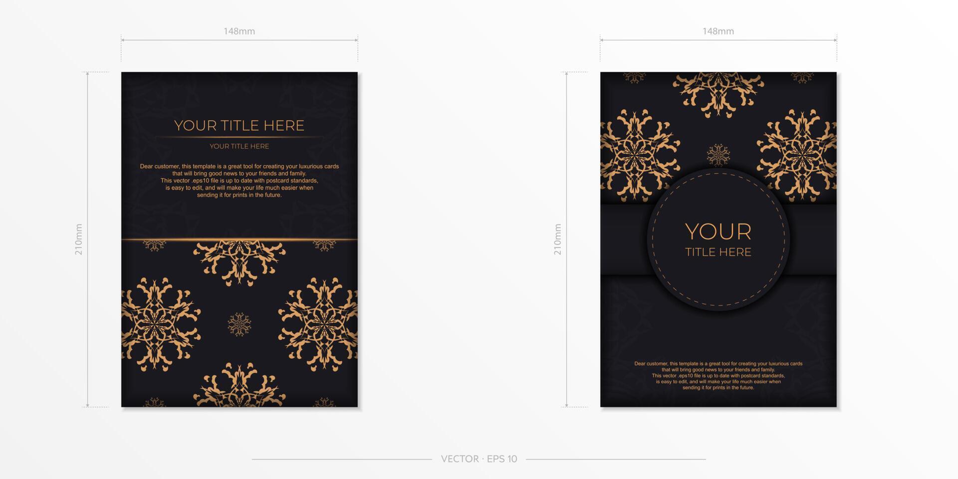 Set of Preparing postcards in black with Indian patterns. Vector Template for print design of invitation card with mandala ornament.