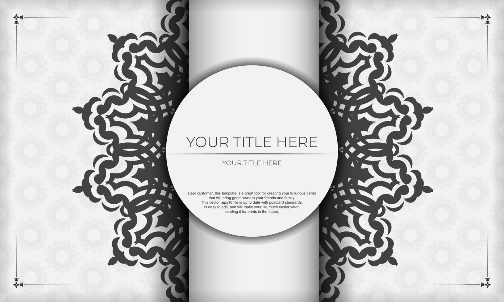 White background with black vintage ornaments and place for your design. Template for print design invitation card with mandala ornament. vector