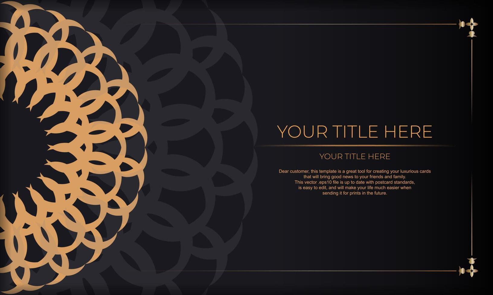 Template for design printable invitation card with luxurious patterns. Black banner with greek luxury ornaments and place for your design. vector