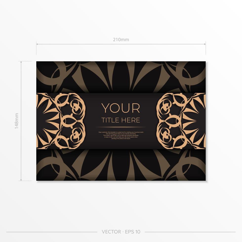 Rectangular postcard design in black with luxurious ornaments. Stylish invitation with vintage patterns. vector