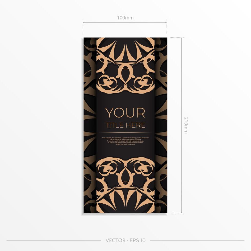 Rectangular Ready-to-print postcard design in black with luxurious patterns. Invitation card template with vintage ornament. vector