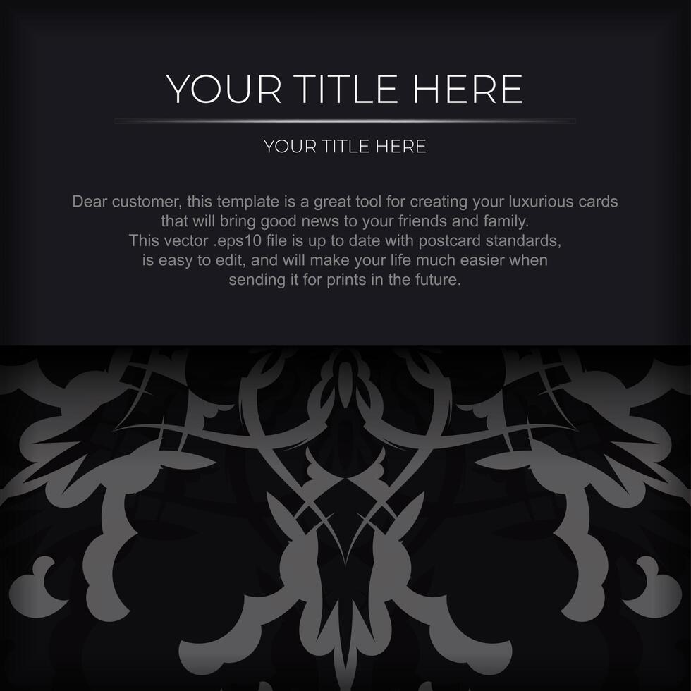 Stylish postcard in black color with Indian ornaments. Invitation card design with mandala patterns. vector