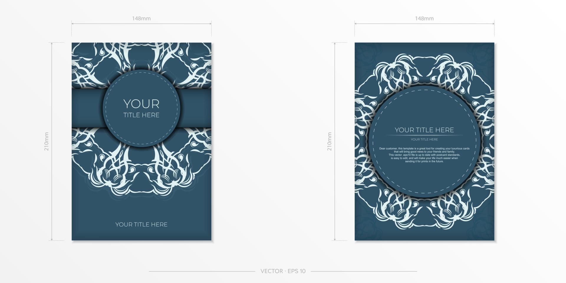Rectangular Preparing a blue postcard with a luxurious light ornamentation. Vector Template for printing design invitation card with vintage patterns.