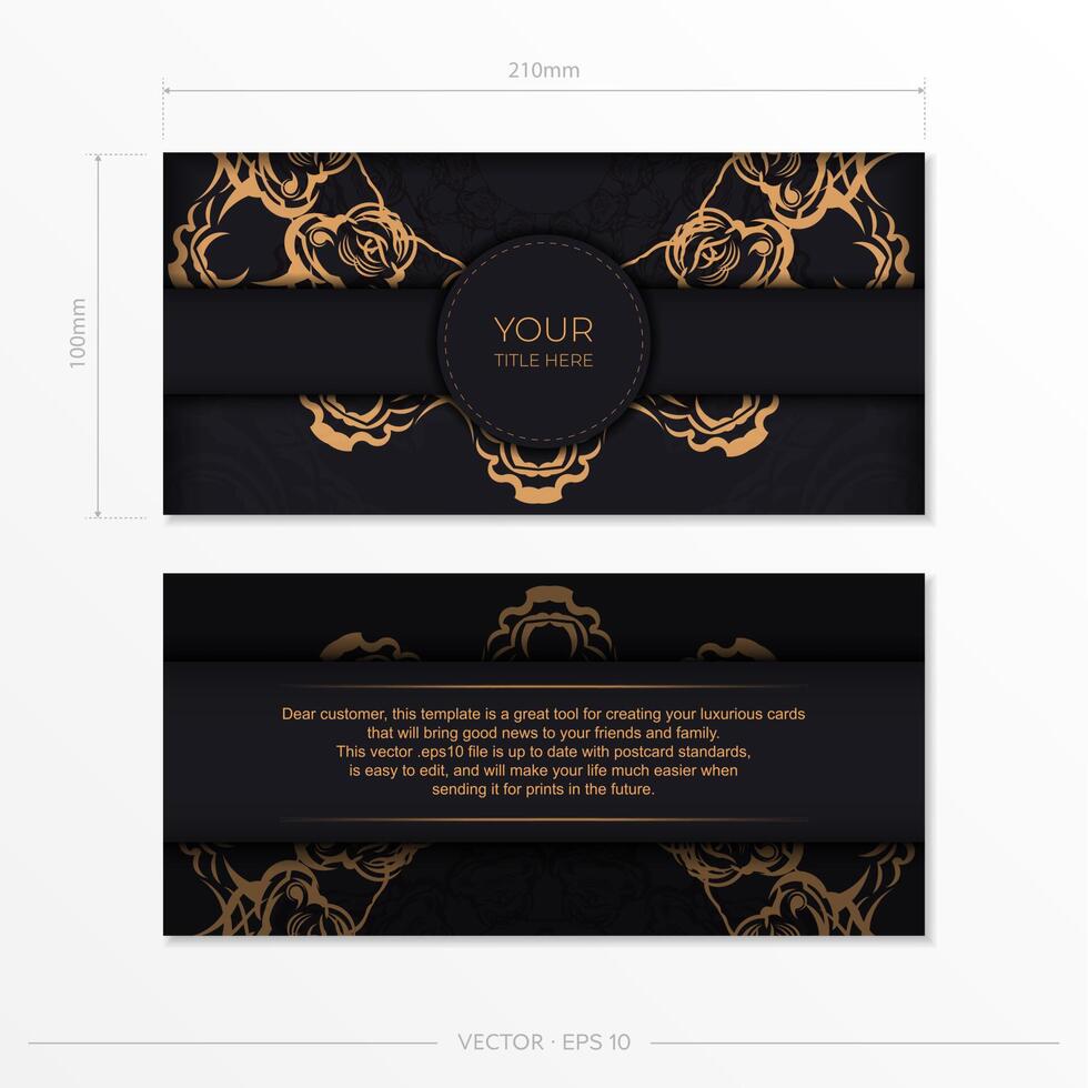 Rectangular Preparing postcards in black with luxurious gold ornaments. Template for design printable invitation card with vintage patterns. vector