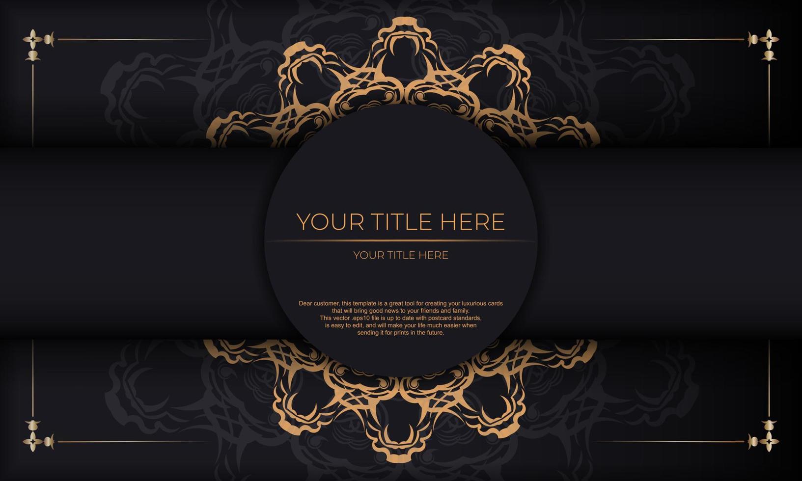 Black background with luxurious golden vintage ornaments and place under the text. Print-ready invitation design with vintage ornaments. vector