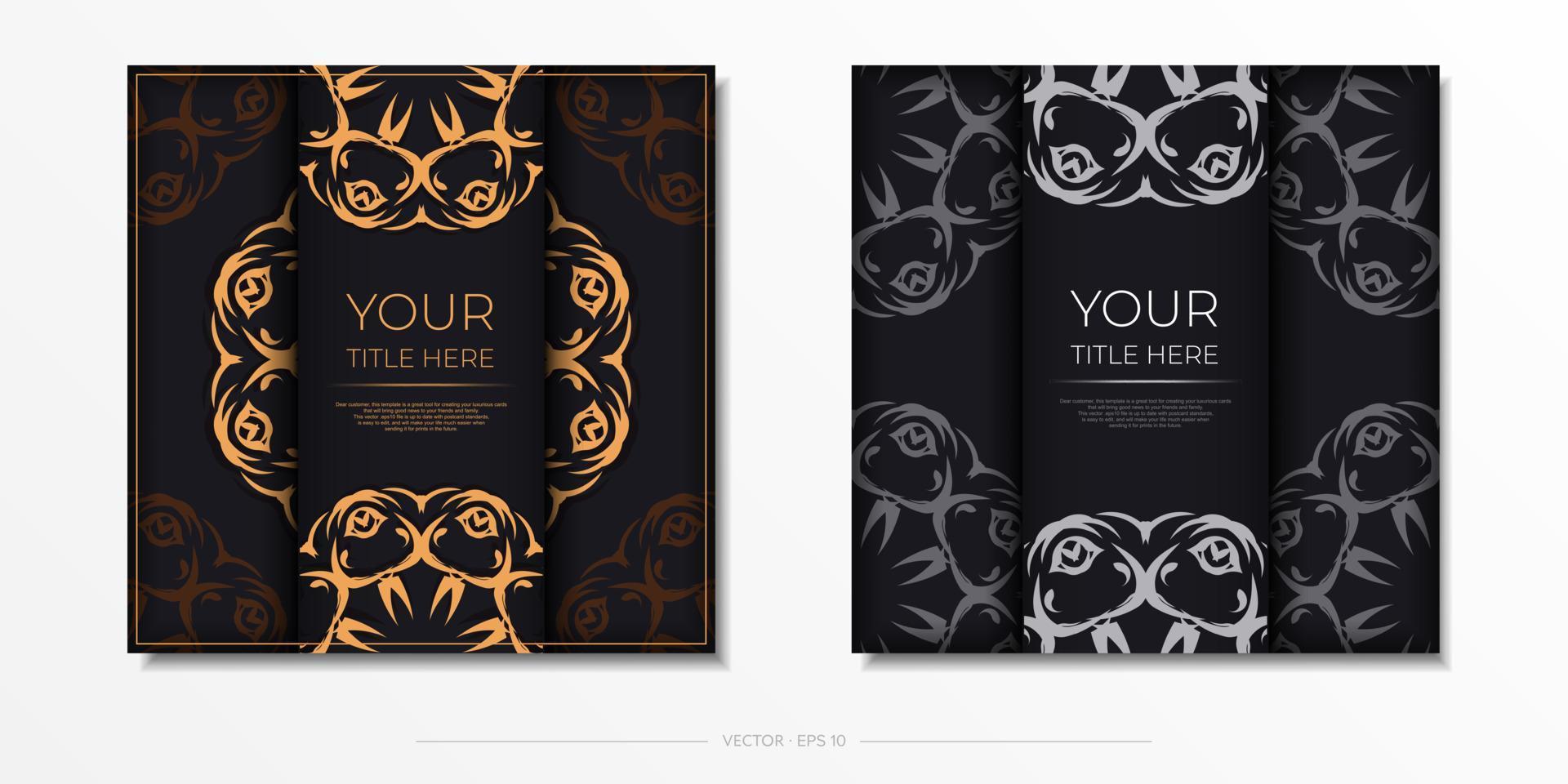 Square vector postcards in dark colors with abstract patterns. Invitation card design with vintage ornament.