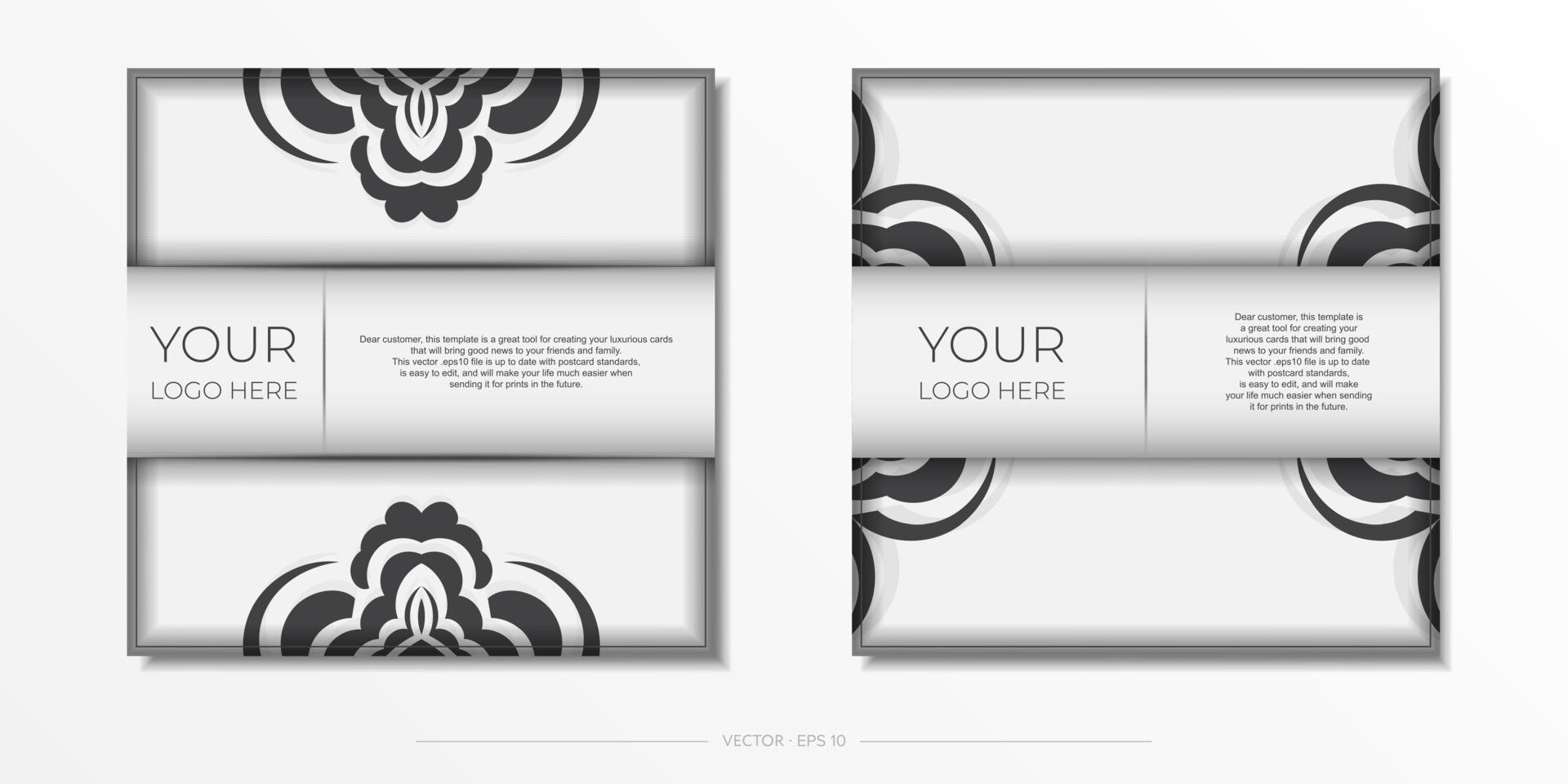 Vector Template postcard White colors with Indian patterns. Print-ready invitation design with mandala ornament.