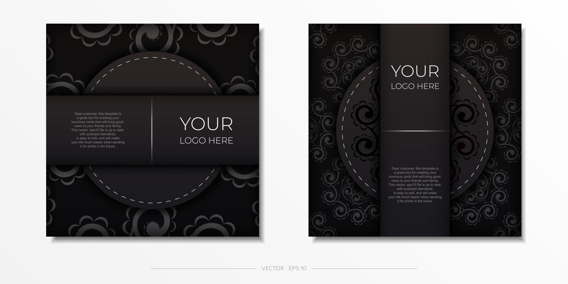 Square Preparing postcards in black with Indian ornaments. Vector Template for printable design of invitation card with mandala patterns.