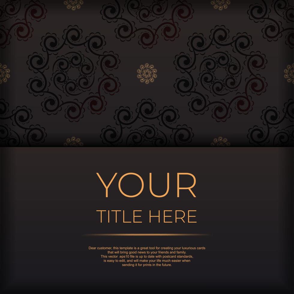 Square Postcard template in black color with Indian patterns. Print-ready invitation design with mandala ornament. vector