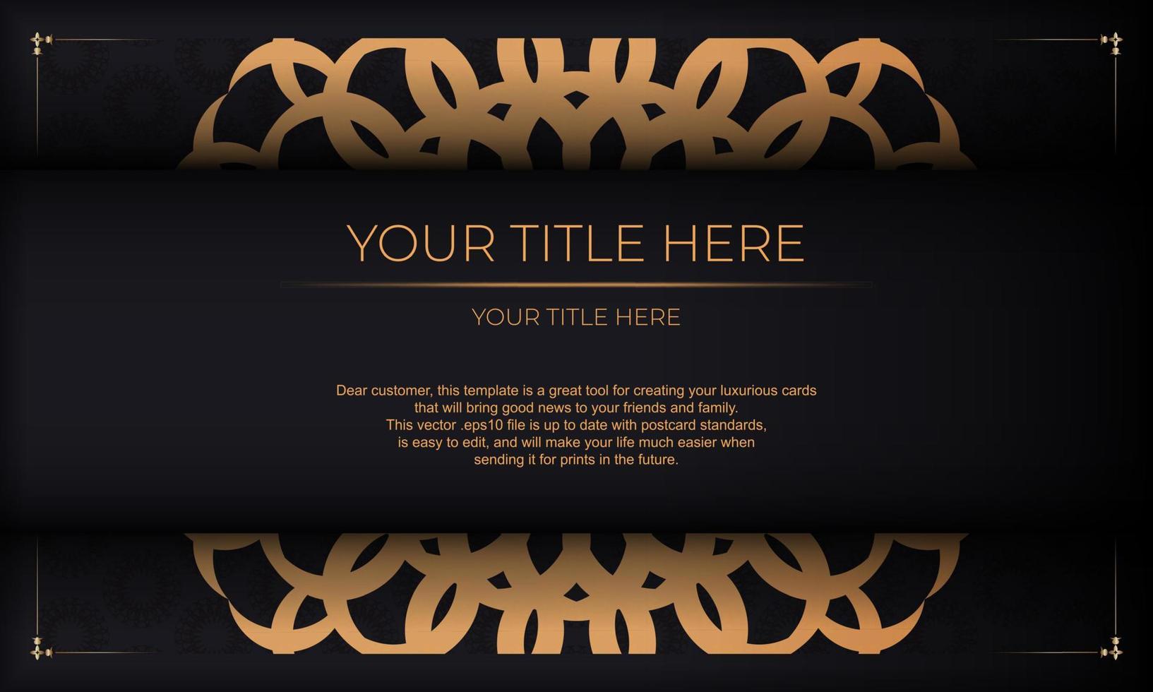 Template for a printable design of an invitation card with a luxurious ornament. Black background with greek luxury vintage ornaments and place for your design. vector