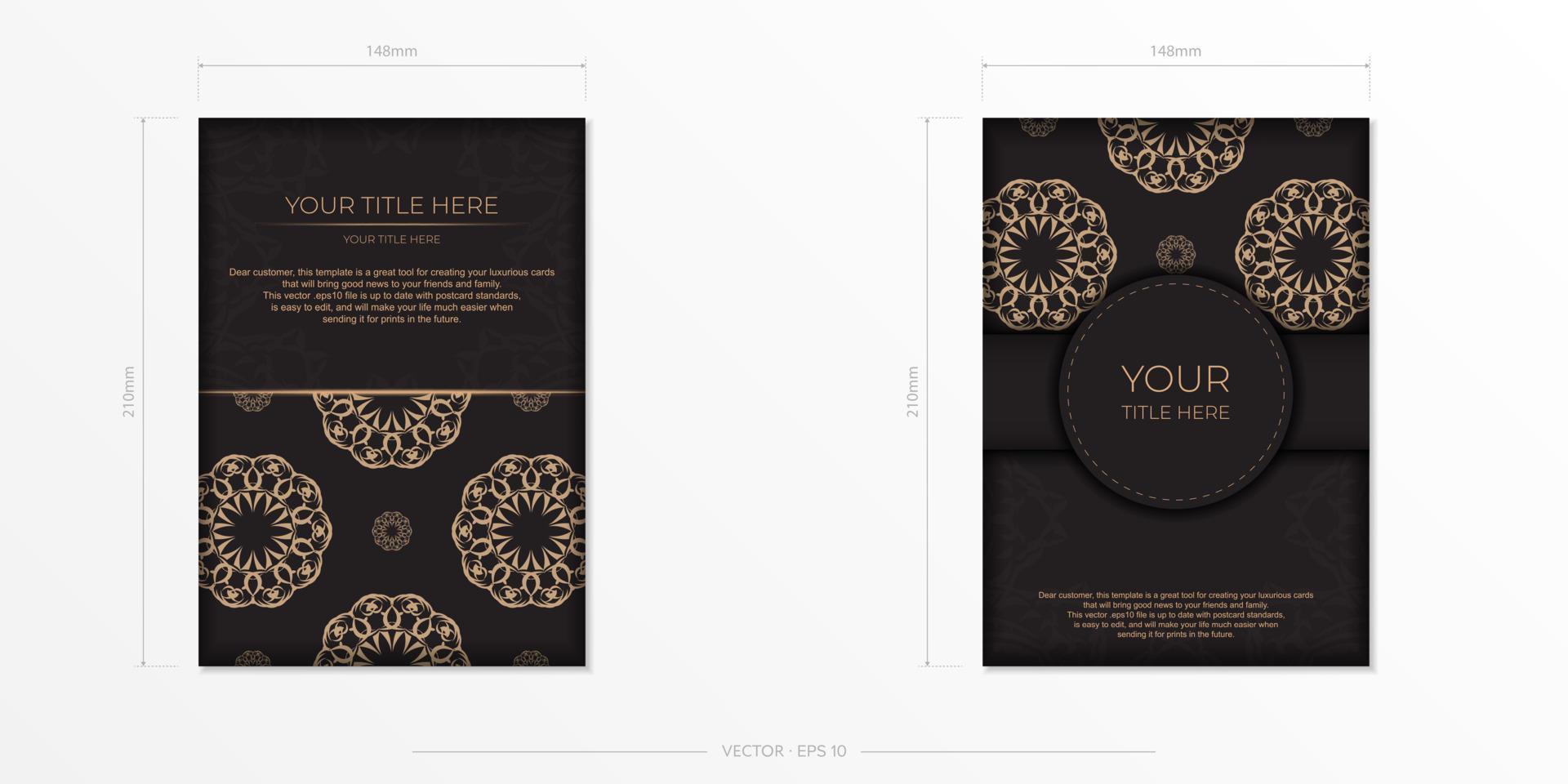 Rectangular postcard design in black with luxurious patterns. Vector invitation card with vintage ornament.