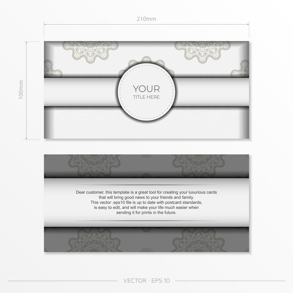 Vintage White color postcard template with abstract patterns. Print-ready invitation design with vintage ornaments. vector