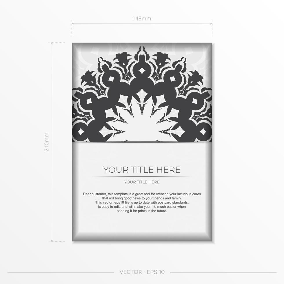 Stylish vector design of postcard in white color with luxurious Greek ornaments. Stylish invitation card with vintage patterns.