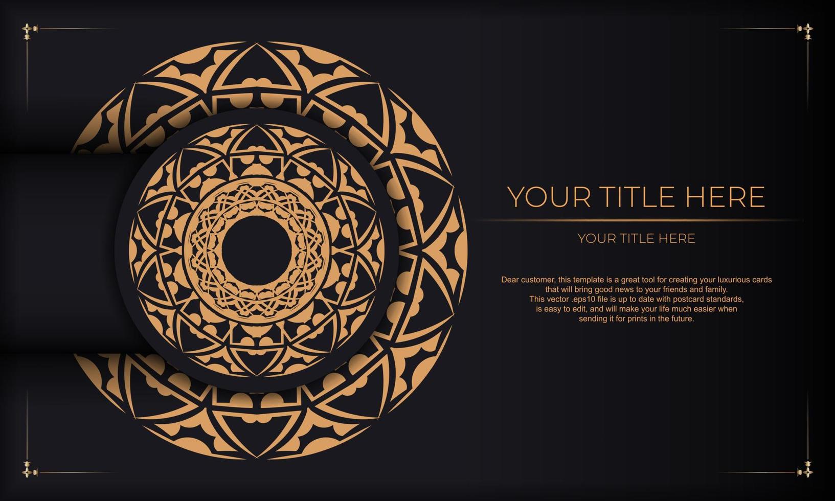 Black background with luxury orange vintage ornaments and place for your text and logo. Print-ready postcard design with Greek ornaments. vector