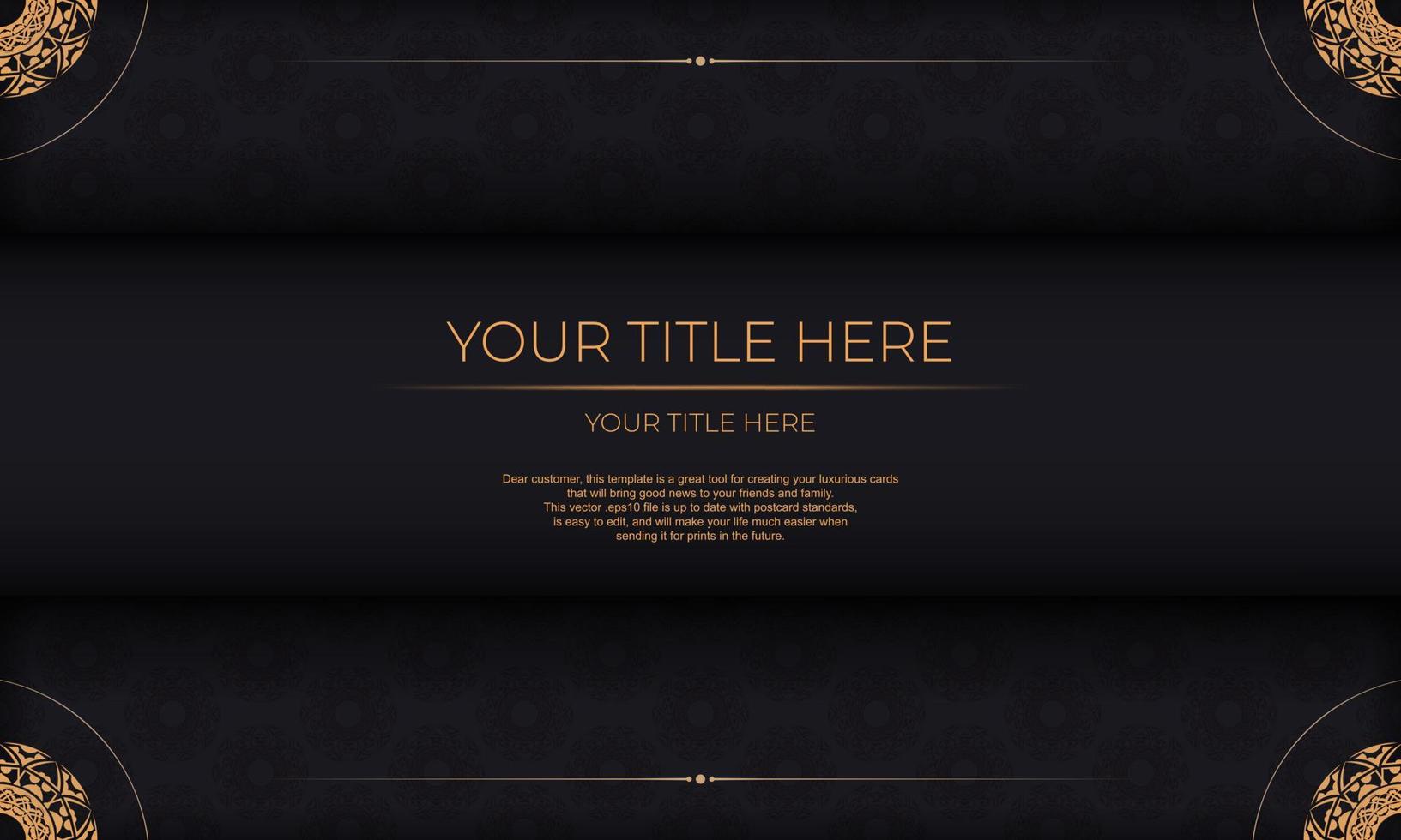 Black banner template with luxury orange ornaments and place for your text. Print-ready postcard design with Greek ornaments. vector