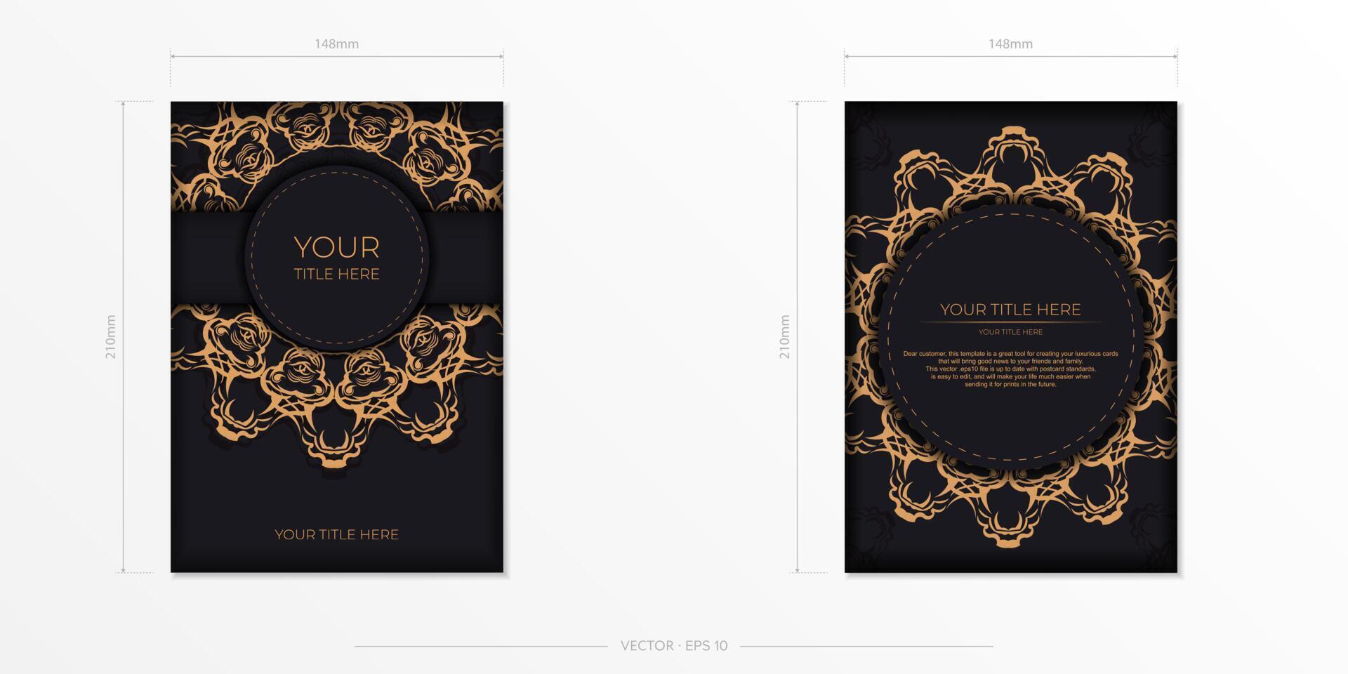 Rectangular Preparing postcards in black with luxurious gold ornaments. Vector Template for printing design invitation card with vintage patterns.