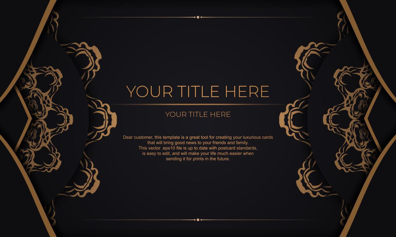 Black banner with luxury gold ornaments for your design. Vector design of invitation card with vintage patterns.