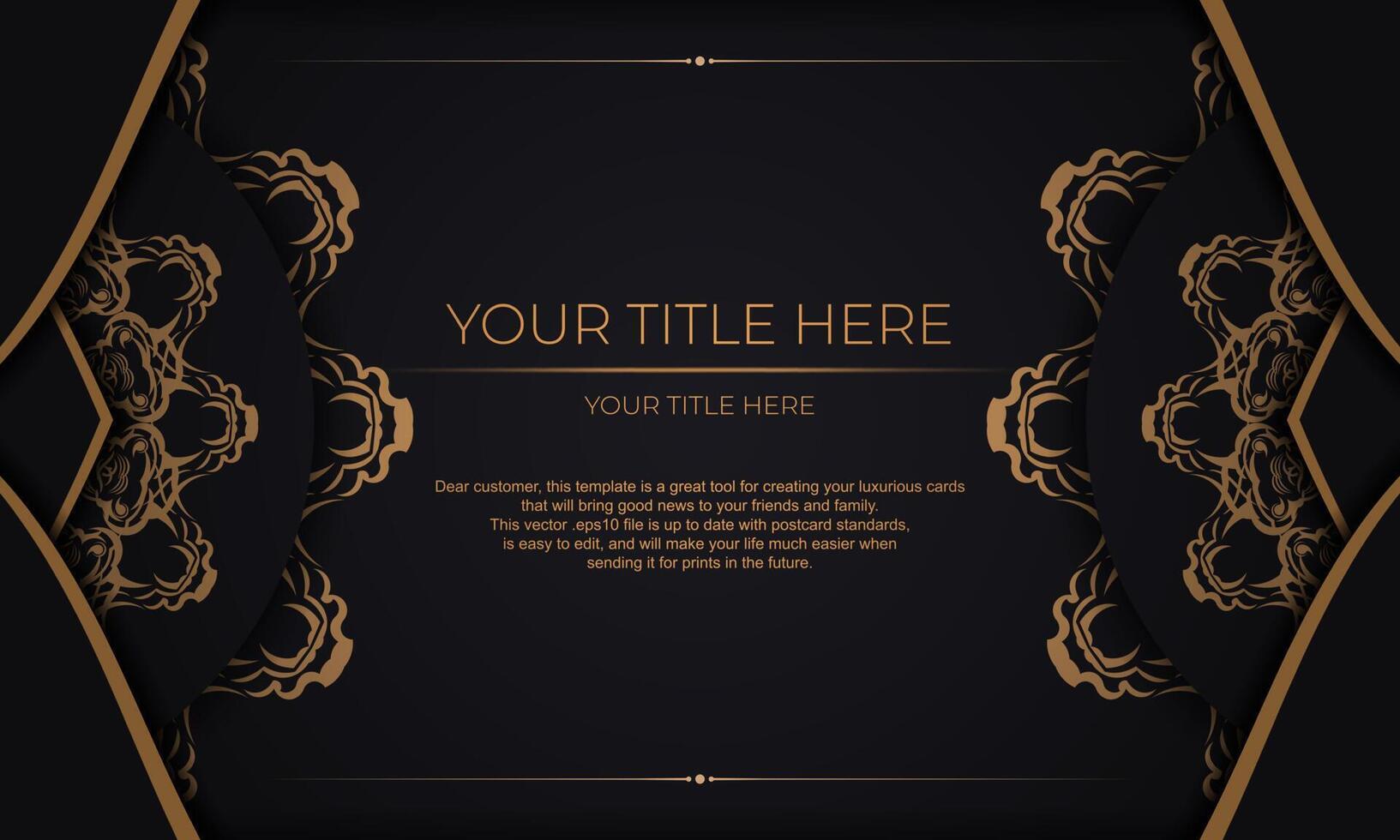 Black banner with luxury gold ornaments for your design. Vector design of invitation card with vintage patterns.