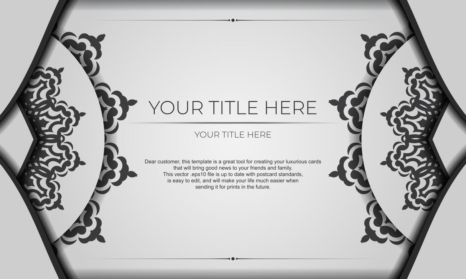 White banner with black ornaments for your design. Vector design of invitation card with mandala patterns.