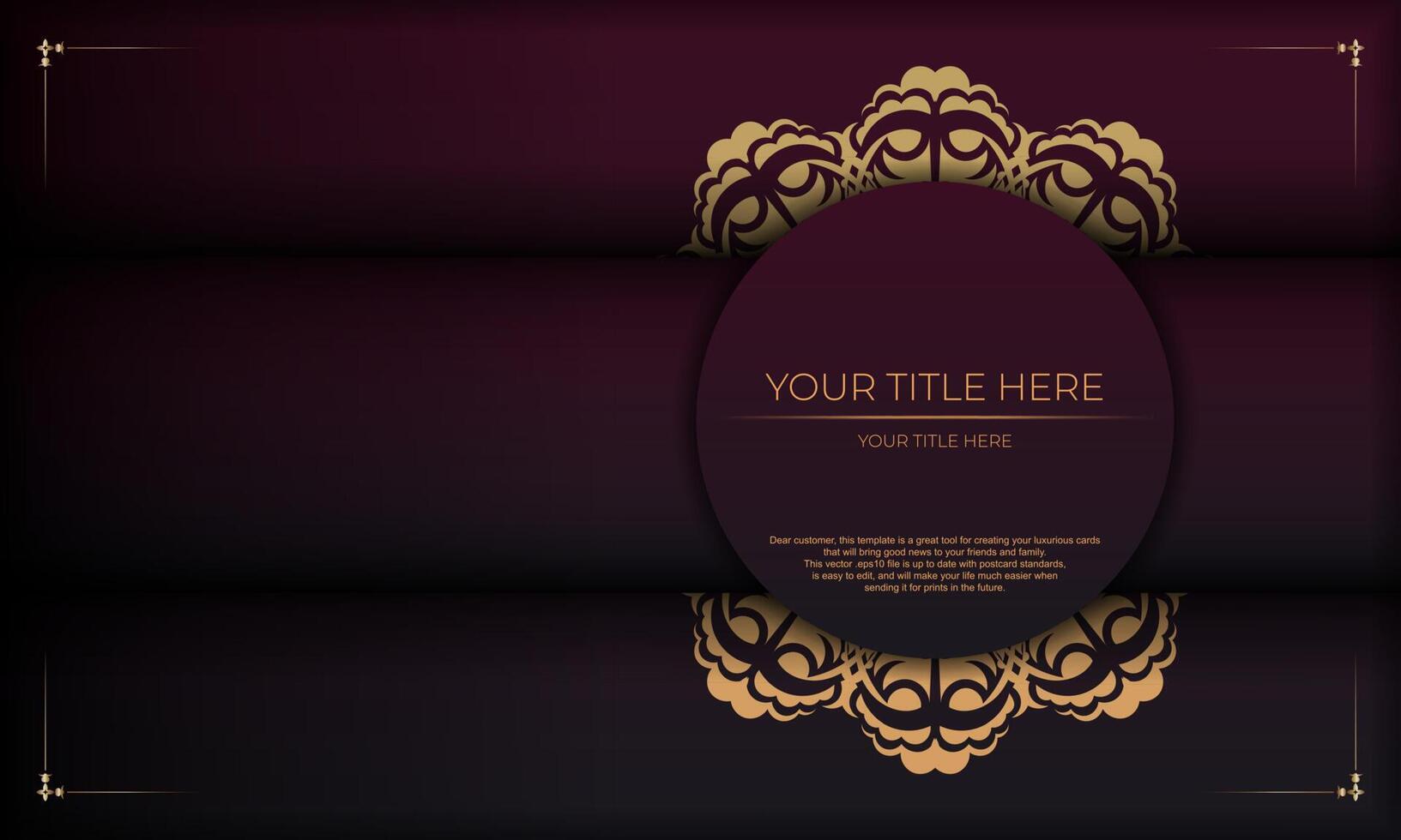 Burgundy banner with vintage ornaments and place for your text. Invitation card design with mandala patterns. vector